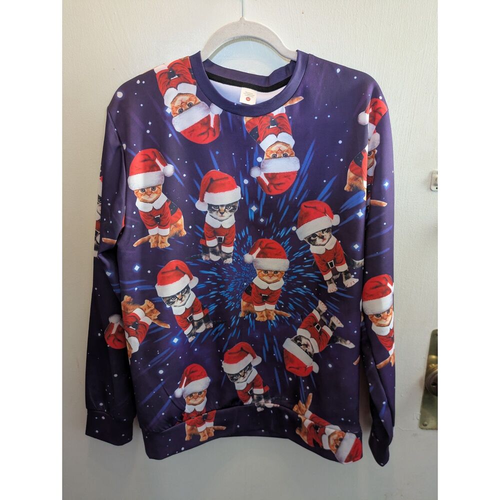 Ugly Christmas Sweater Santa Space Cat Size Medium Graphic Holiday Sweater